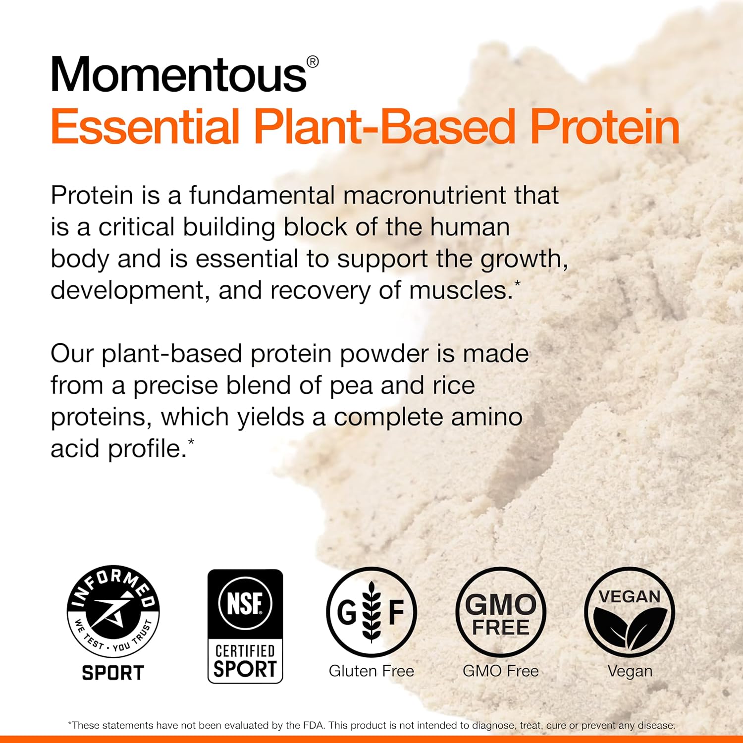 Momentous chocolate plant-based protein powder bag, featuring vegan, gluten-free, and non-GMO labels for all-day use.