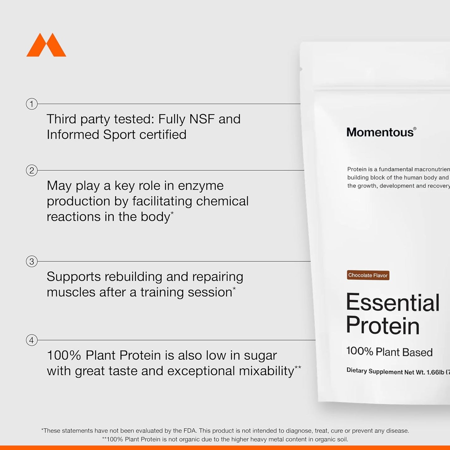 Momentous chocolate plant-based protein powder bag, vegan, gluten-free, featuring pea and rice protein for all-day use.