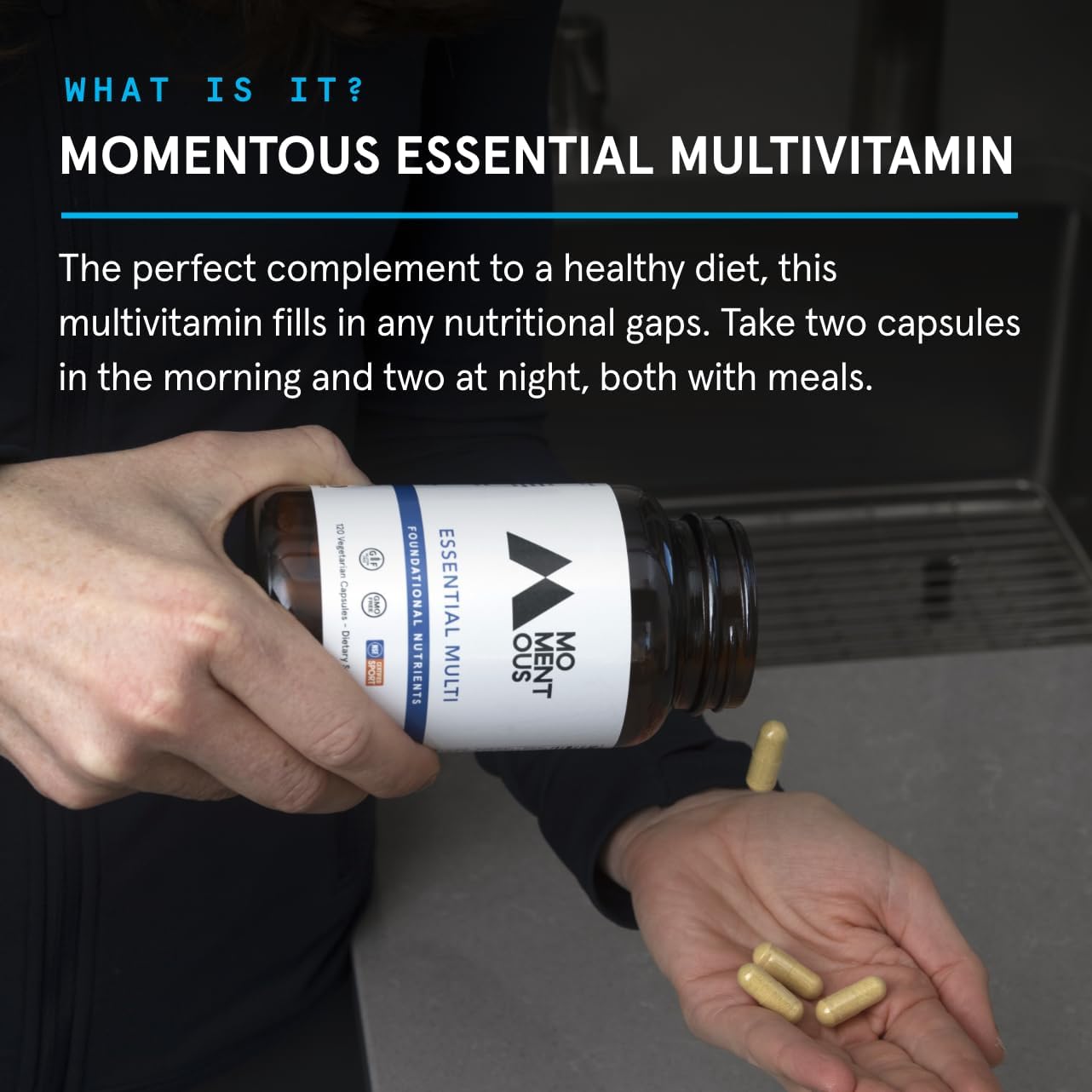 Momentous Essential Multivitamin bottle with complete vitamin and mineral complex for athletes and wellness enthusiasts.