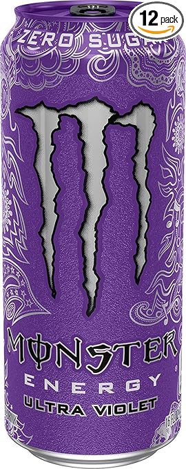 Twelve cans of Monster Energy Ultra Violet 16fl.oz. with vibrant purple design, showcasing the energy drink packaging.