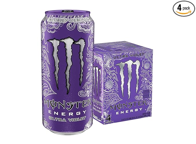 Four cans of Monster Energy Ultra Violet sugar-free drink, 16 fluid ounces each, displayed in a pack.