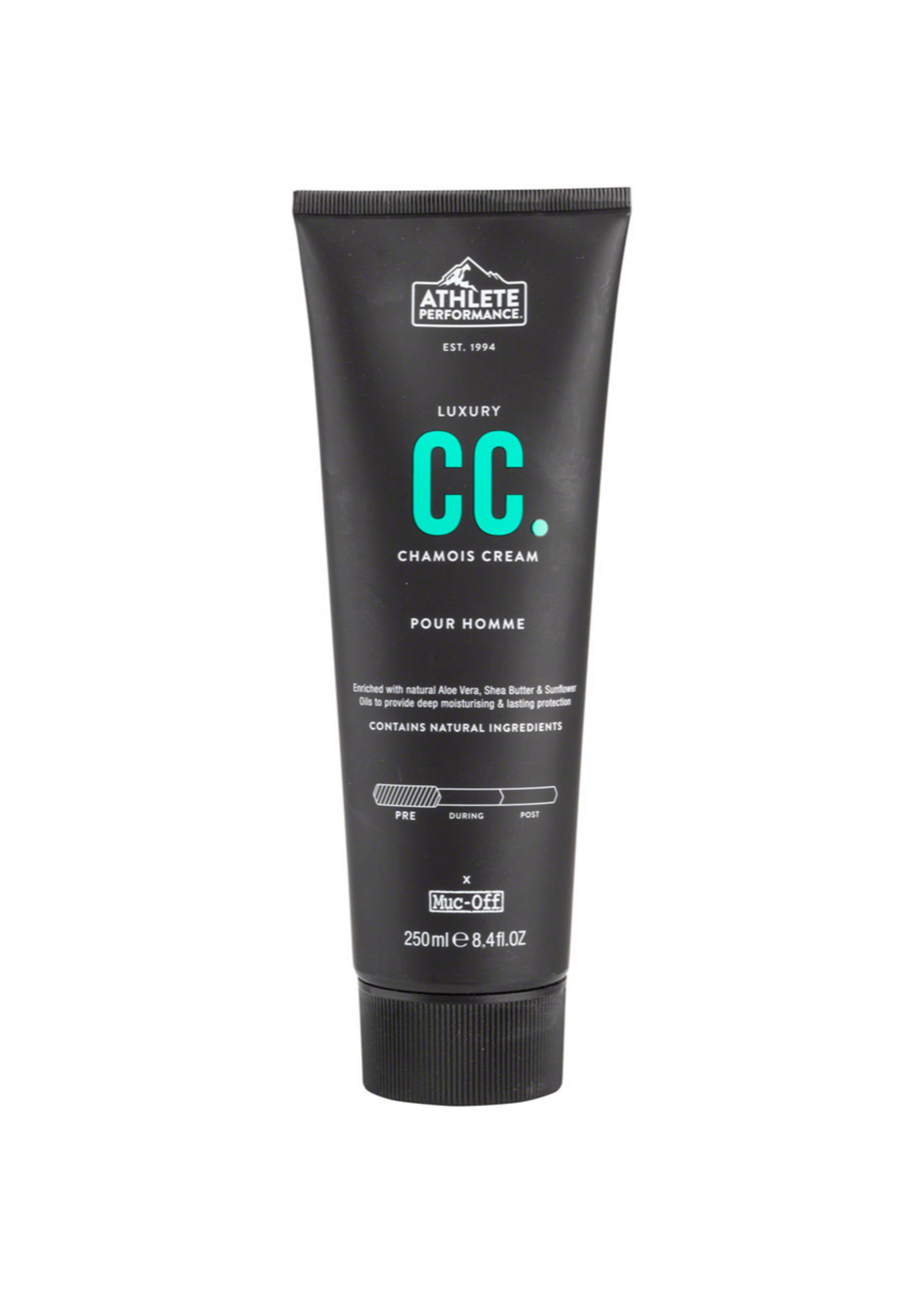 Muc-Off Chamois Cream 250ml bottle with white label and black cap, designed to soothe skin during cycling or sports activities.