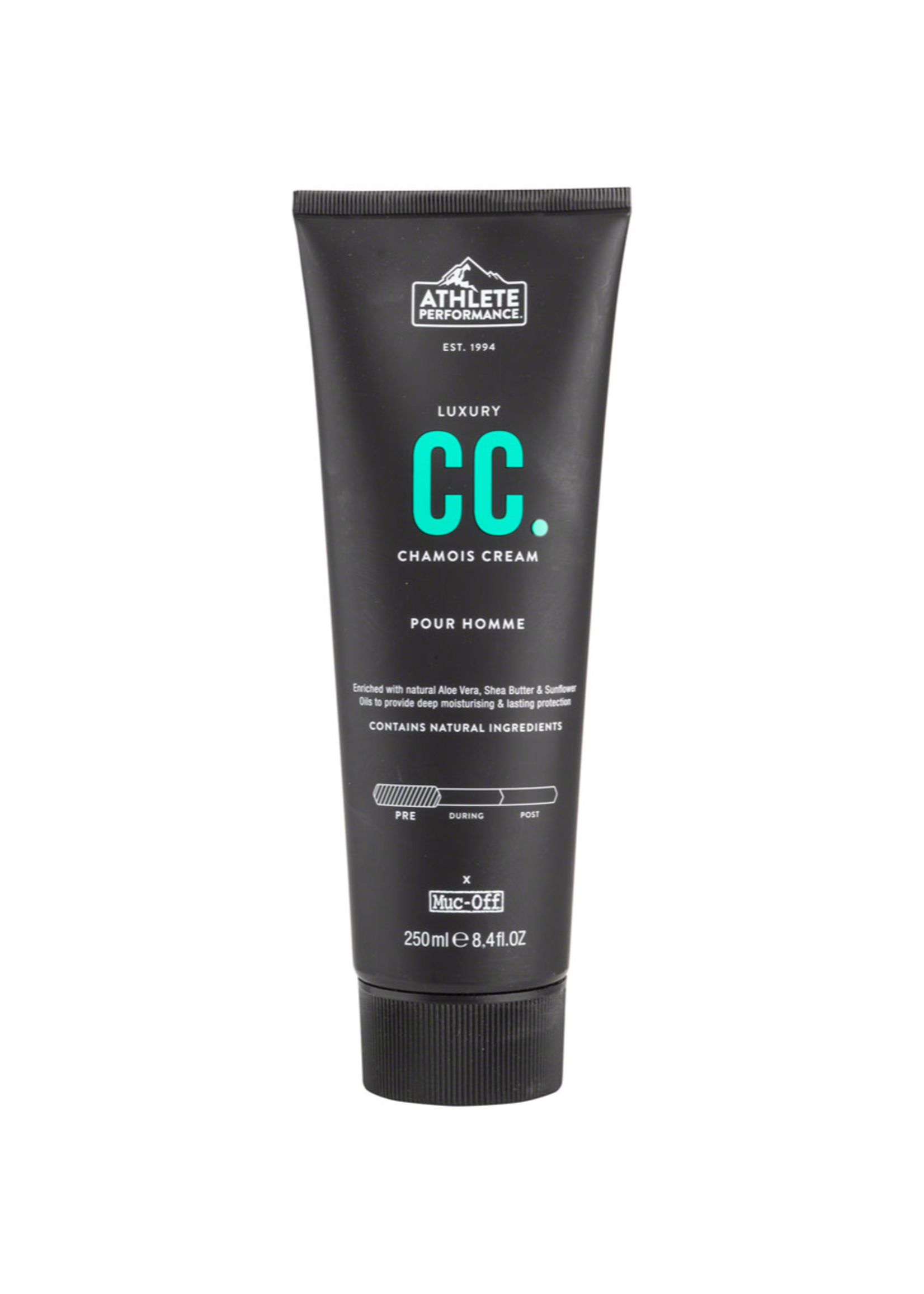 Muc-Off Chamois Cream 250ml bottle with white label and black cap, designed to soothe skin during cycling or sports activities.