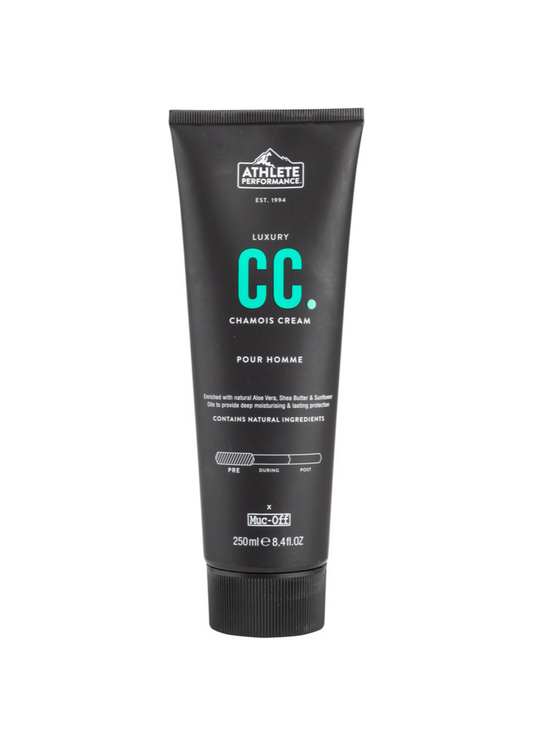 Muc-Off Chamois Cream 250ml bottle with white label and black cap, designed to soothe skin during cycling or sports activities.
