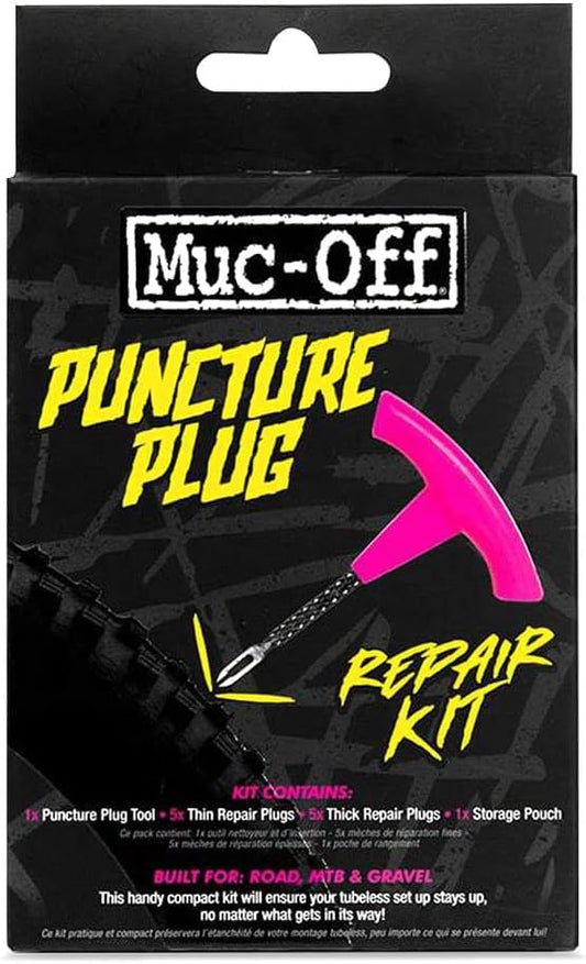 Muc-Off puncture plug repair kit with tire plugger and plugs for tubeless MTB, road, and gravel bike tires in pink.