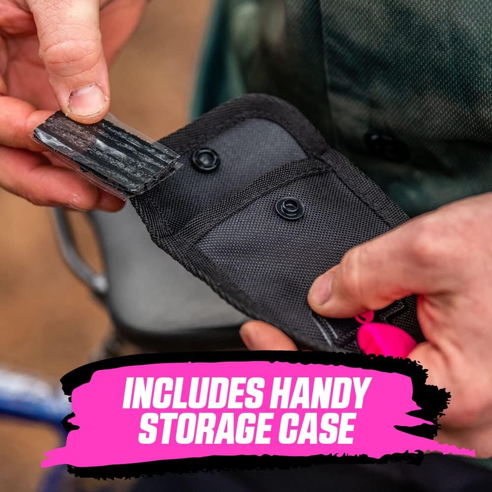 Muc-Off puncture plug repair kit with tire plugger and plugs for tubeless MTB, road, and gravel bike tires in pink.