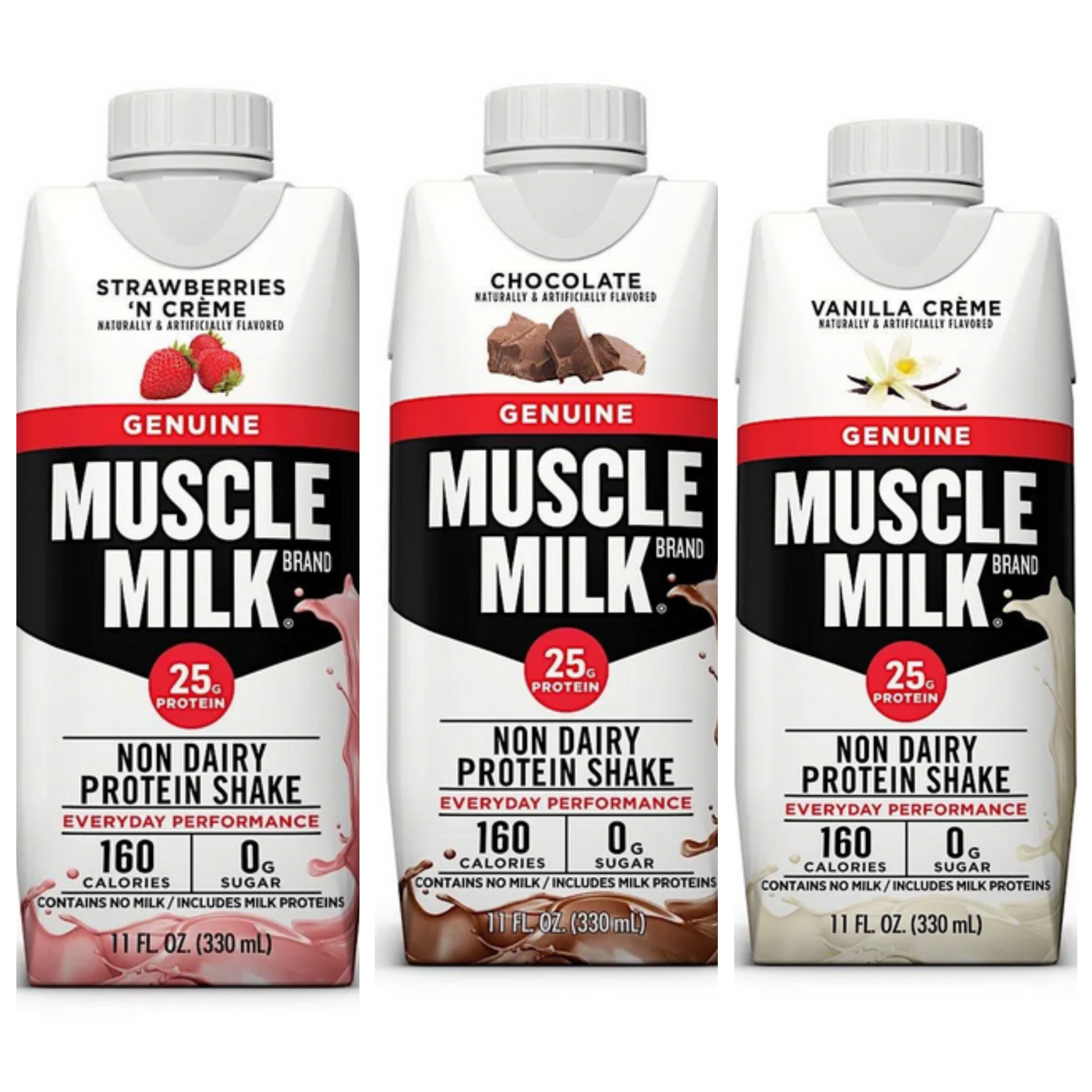 Muscle Milk Neapolitan variety 12 pack, featuring protein recovery bottles in chocolate, strawberry, and vanilla flavors.