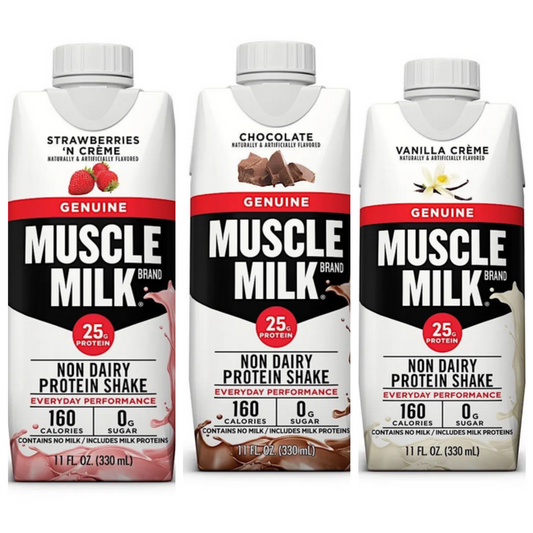 Muscle Milk Neapolitan variety 12 pack, featuring protein recovery bottles in chocolate, strawberry, and vanilla flavors.