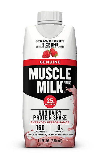 Muscle Milk Neapolitan variety 12-pack of protein shakes for muscle recovery, featuring chocolate, strawberry, and vanilla flavors.