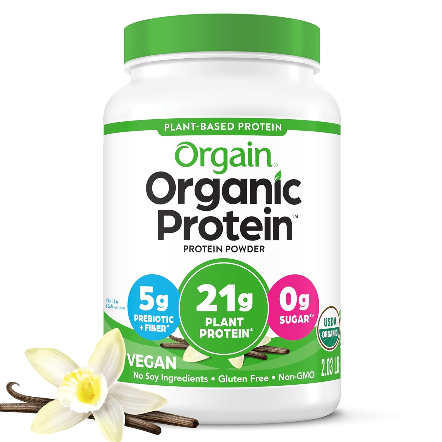 Orgain Organic Vegan Protein Powder in Vanilla Bean flavor, 2.03lb, gluten-free, plant-based protein for smoothies and shakes.