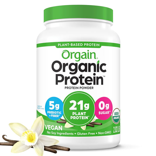 Orgain Organic Vegan Protein Powder Vanilla Bean in 2.03lb bag, gluten-free, dairy-free, soy-free, plant-based protein for smoothies and shakes.