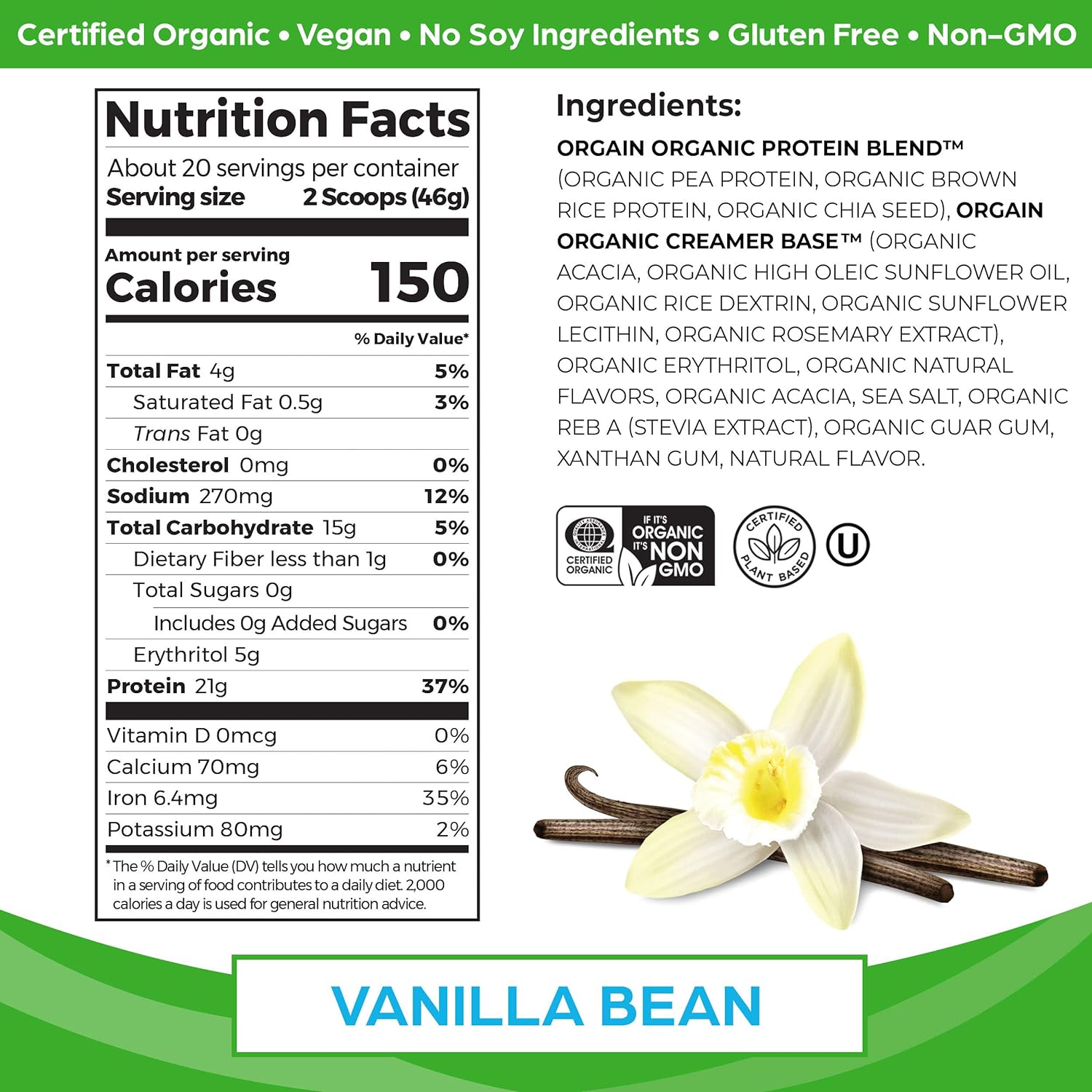 Orgain Organic Vegan Protein Powder in Vanilla Bean flavor, 21g plant-based protein, gluten-free, 2.03lb packaging.