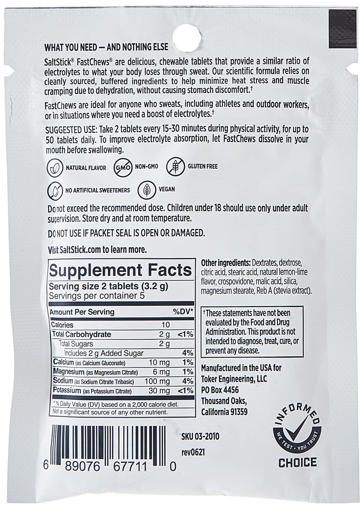 SaltStick Fastchew Electrolyte Tablets in Lemon Lime flavor, 10-count packet for rehydration and energy support.