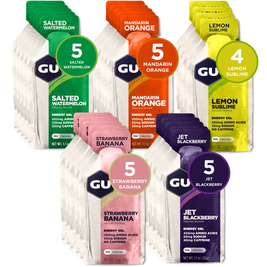 GU Energy Original Sports Nutrition Energy Gel, 24-count packaging with various flavors displayed on a white background.
