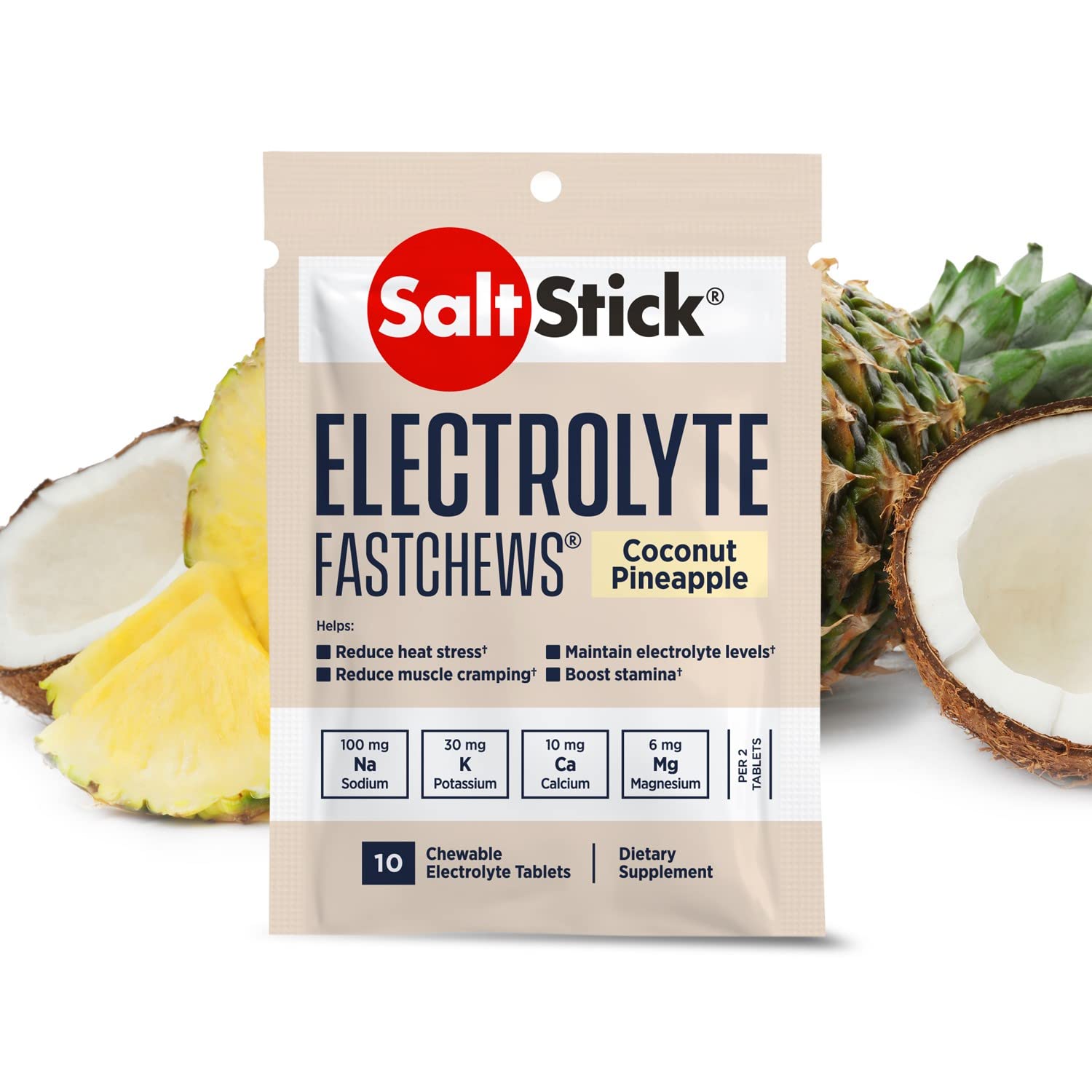 ProLine Sports Nutrition SaltStick Fastchews electrolyte replacement tablets in orange, 12 packets of 10 for rehydration and sports recovery.