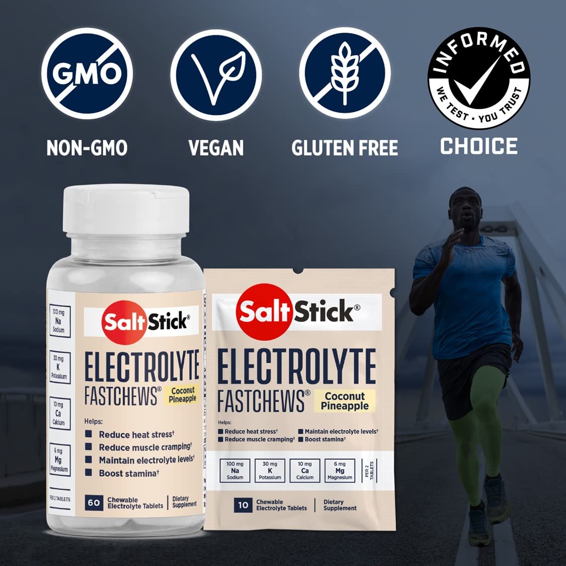 Proline Sports Nutrition SaltStick Fastchews electrolyte replacement tablets in orange, 12 packets of 10 for hydration and sports recovery.