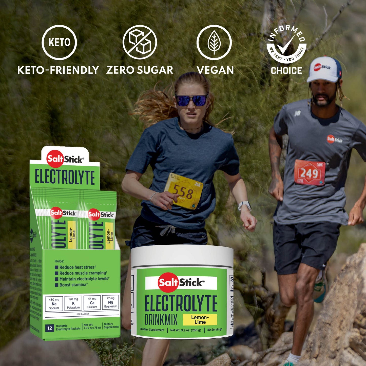 SaltStick DrinkMix electrolyte powder in a package, showcasing sugar-free hydration formula by PROLINE SPORTS NUTRITION.