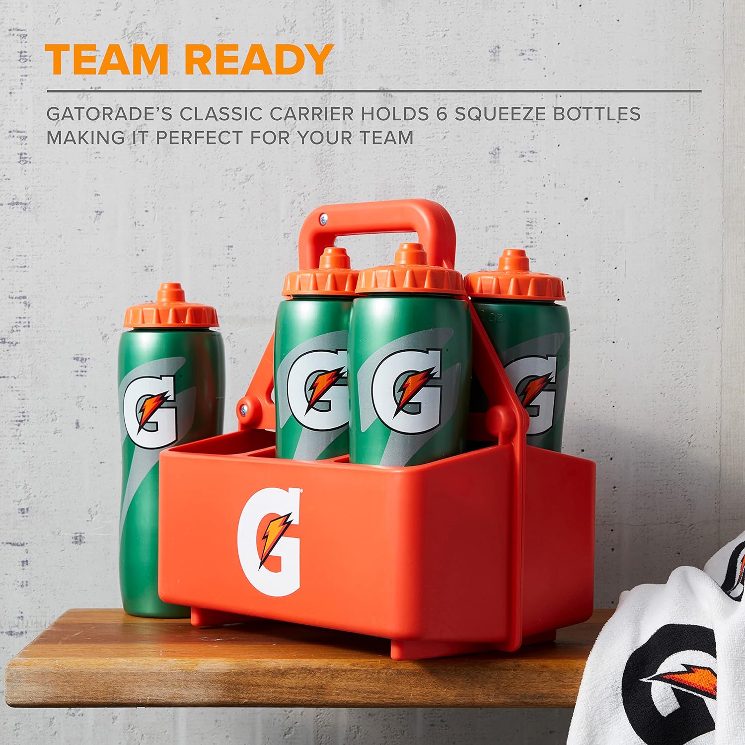 Gatorade water bottle carrier holding six 32oz bottles, featuring durable straps and a spacious design by Quaker Oats Company.