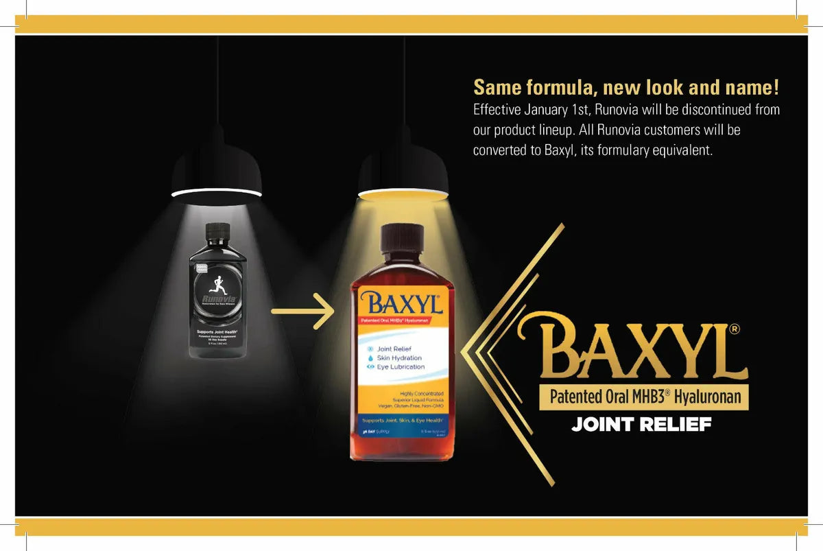 Baxyl joint supplement liquid by Runovia, 6oz bottle, natural supplement for joint health, with measuring cup and label visible.