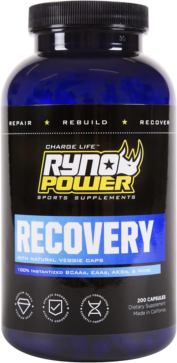 Ryno Power Recovery Capsules with 12 amino acids for muscle regeneration in a clear bottle against a neutral background.