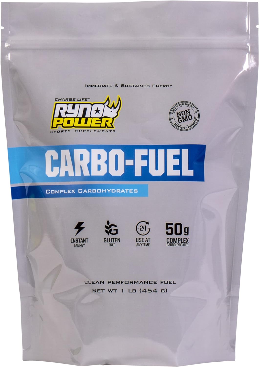 Ryno Power Carbo-Fuel all-natural carbohydrate powder in a container, ideal for athletic performance, vegan and gluten-free.