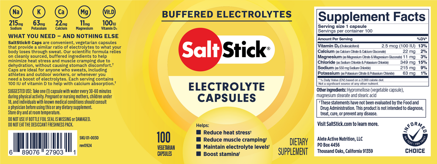 SaltStick Caps in a 4ct pack for electrolyte replacement, displayed in a flat layout on a neutral background.
