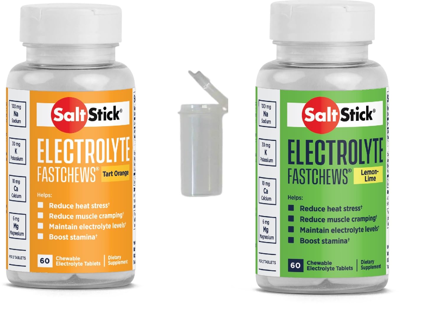 SaltStick FASTCHEWS electrolyte replacement 2-pack with tart orange and lemon-lime flavors in 60-count bottles, featuring a free race-ready tube.