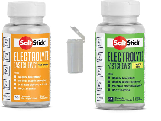 SaltStick FASTCHEWS electrolyte replacement 2-pack with tart orange and lemon-lime flavors in 60-count bottles, featuring a free race-ready tube.