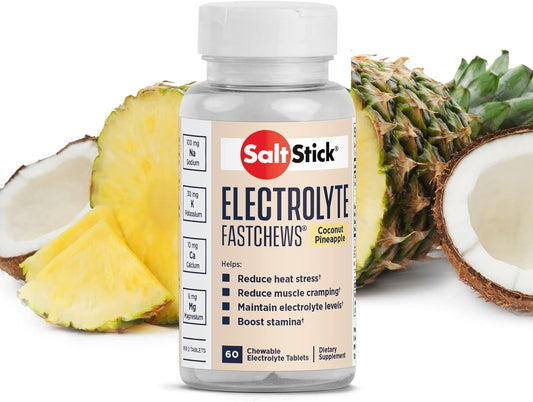 SaltStick Fastchews electrolyte tablets in a 60-count bottle, ideal for hydration and exercise recovery for all athletes.
