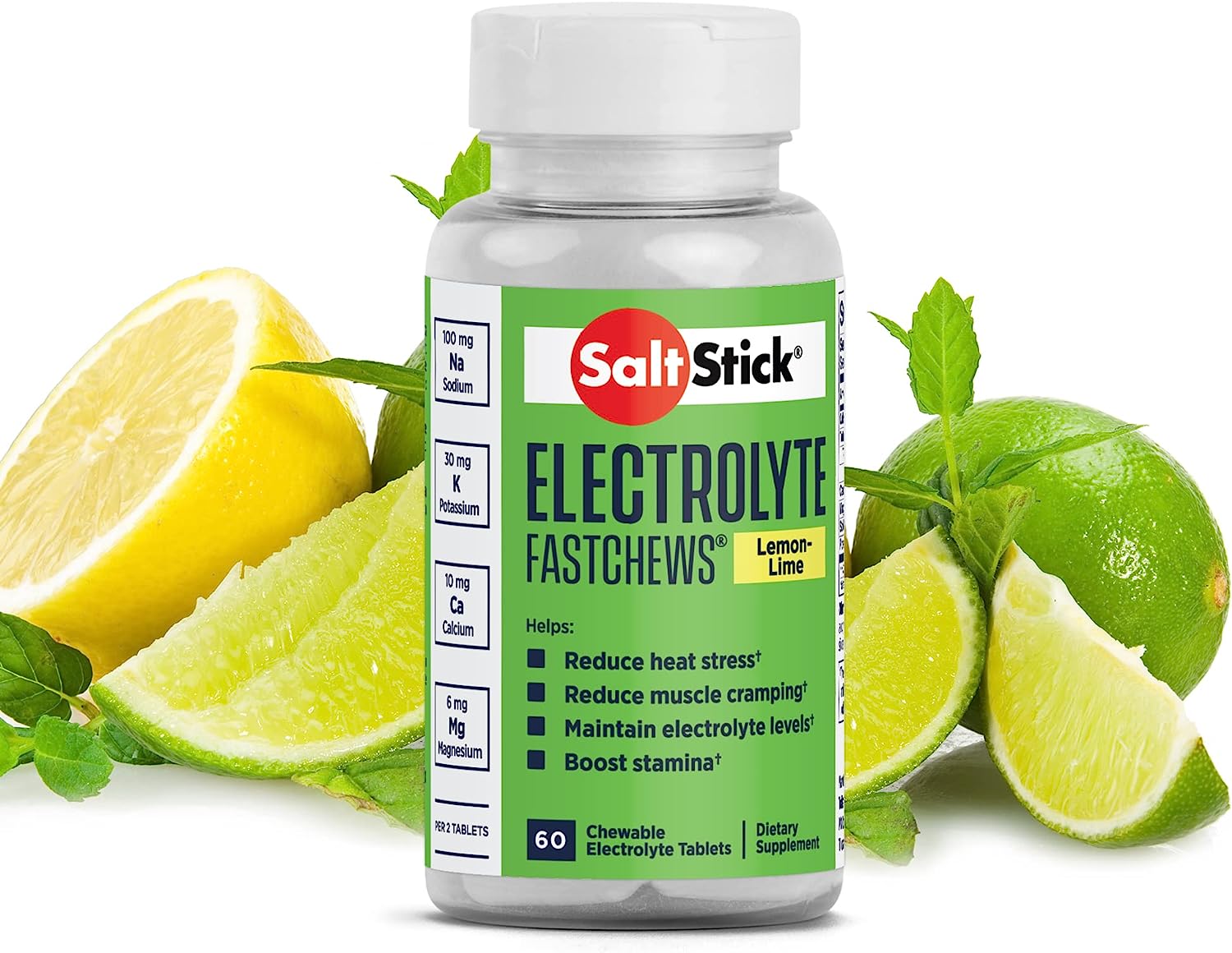 SaltStick Fastchews electrolyte tablets in zesty lemon-lime flavor for hydration and exercise recovery, 60-count bottle.
