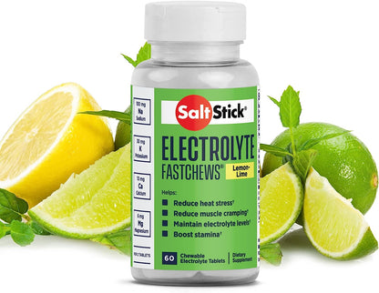 SaltStick Fastchews electrolyte tablets in zesty lemon-lime flavor for hydration and exercise recovery, 60-count bottle.
