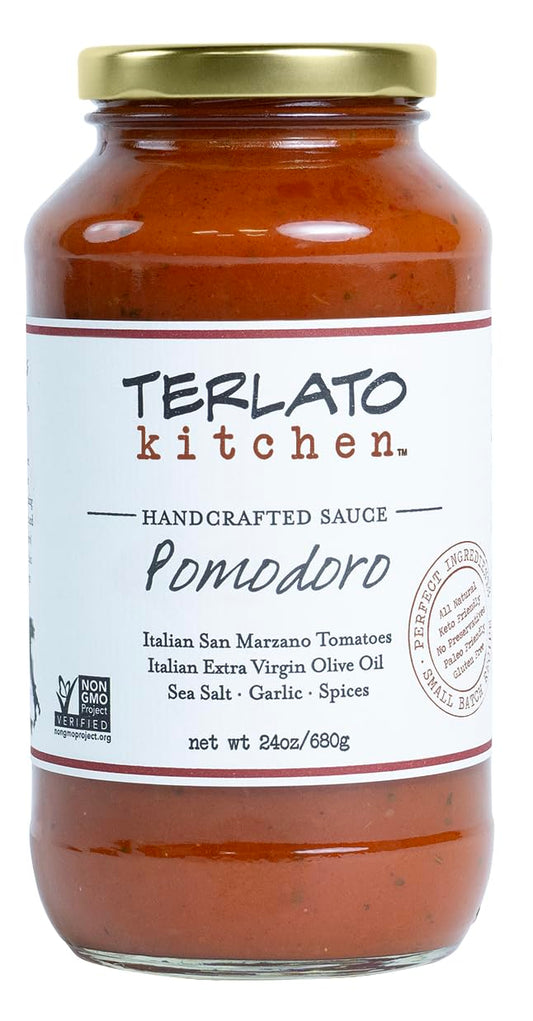 Two jars of Terlato Kitchen handcrafted pomodoro sauce, each 24 oz, showcasing rich red sauce texture and ingredients.