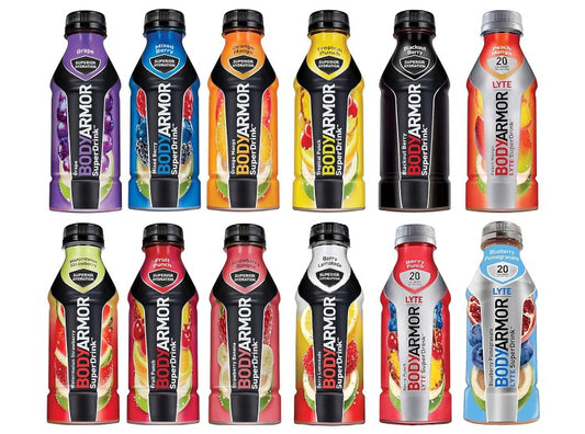 Assorted BODYARMOR Superdrink variety pack with 8 flavors, 16 fl oz bottles, 24-pack of premium sports beverages.