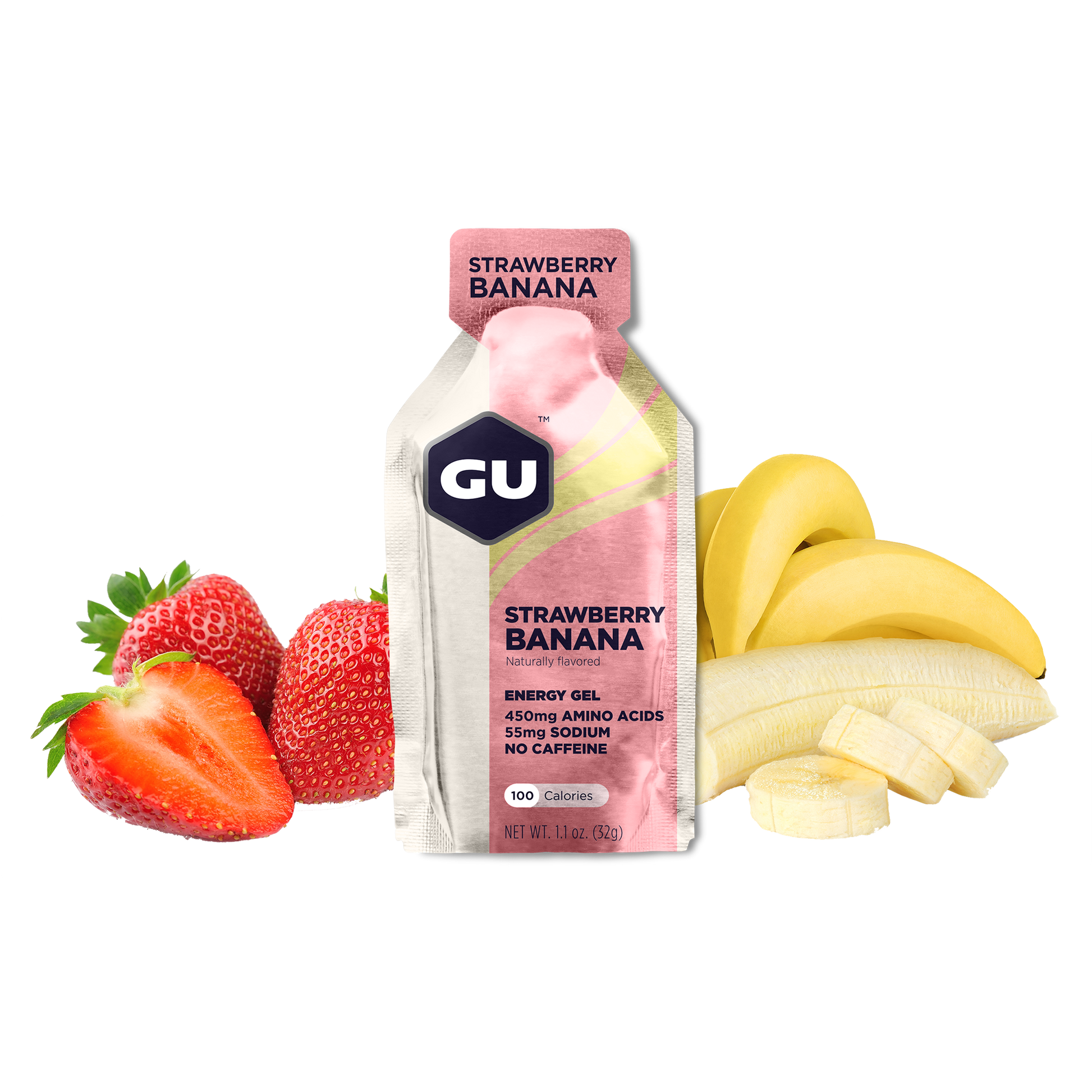 GU Energy Original Sports Nutrition Energy Gel pack featuring strawberry-banana flavor, ideal for athletic performance.