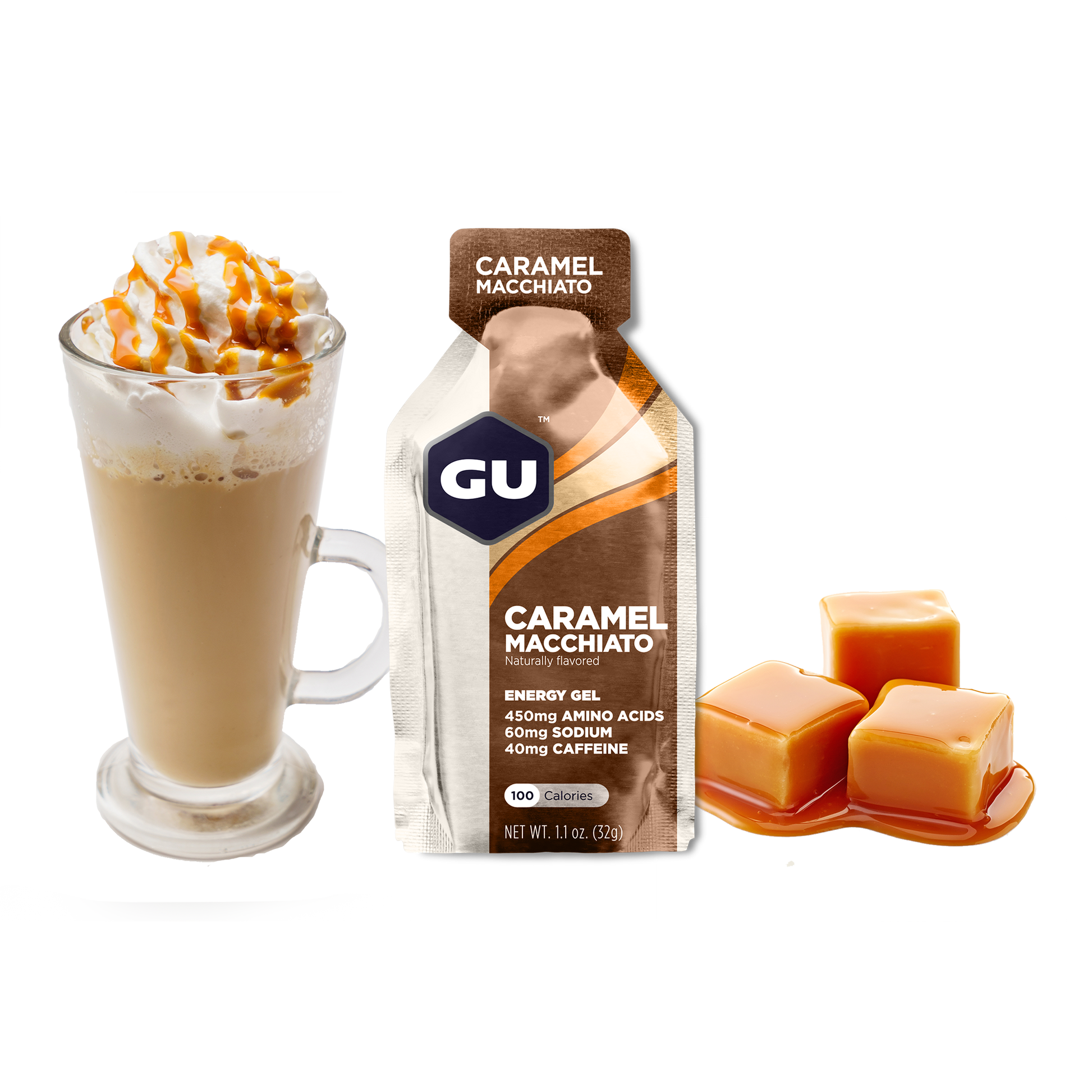 GU Energy Original Sports Nutrition Energy Gel in Caramel Macchiato flavor, 8 count pack on a white background.