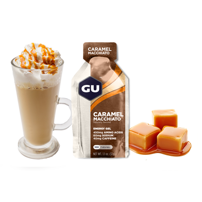 GU Energy Original Sports Nutrition Energy Gel pack with salted caramel flavor, 8-count pack, ideal for energy during sports and workouts.