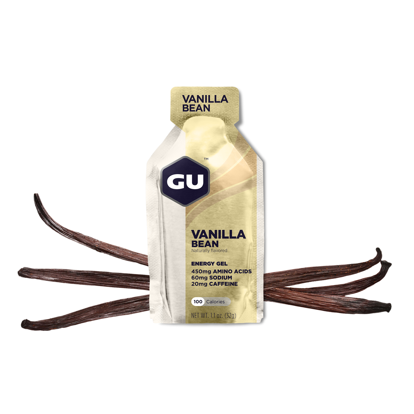 GU Energy Original Sports Nutrition Energy Gel in Vanilla Bean flavor, 8 count pack, with individual gel packets visible.