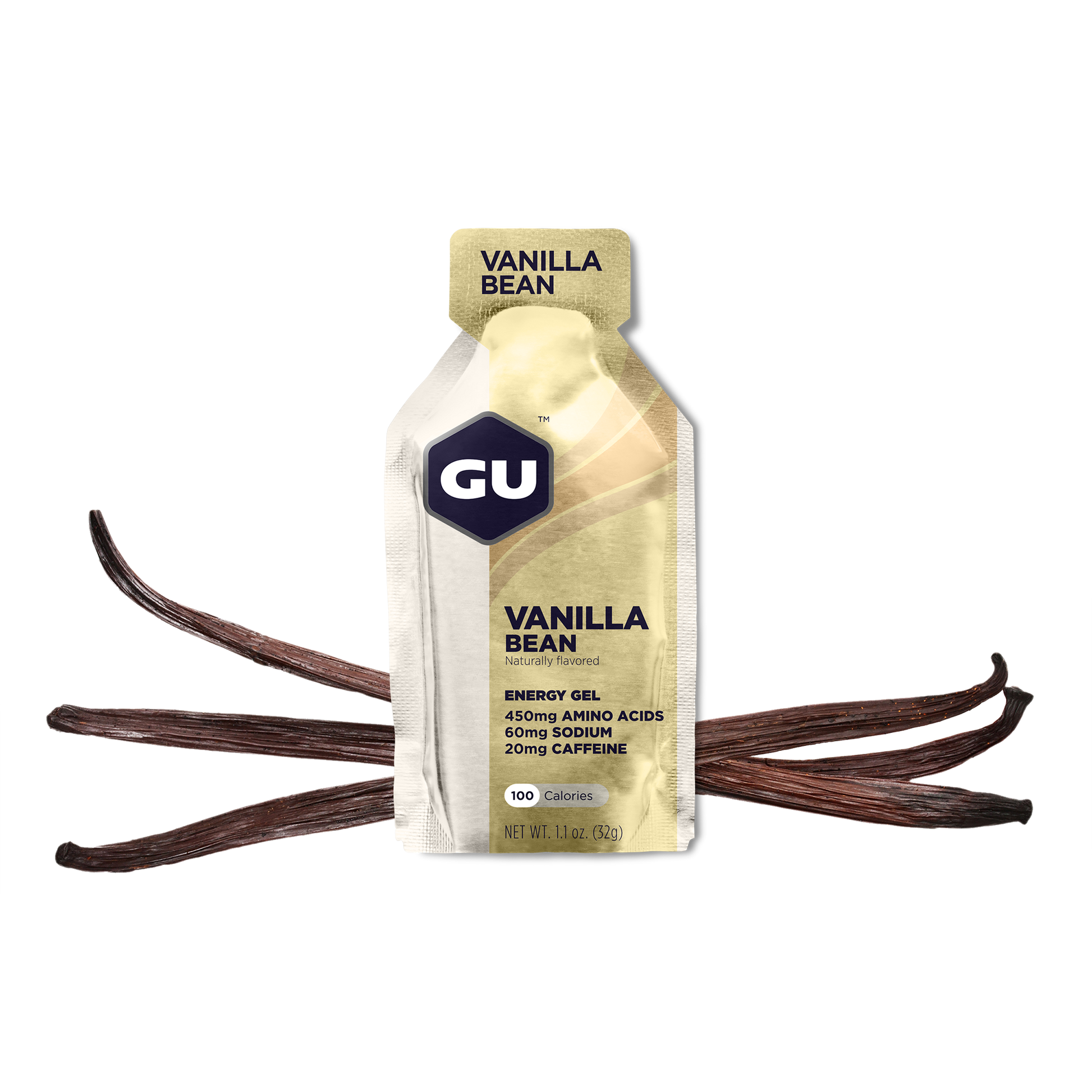 GU Energy Original Sports Nutrition Energy Gel in Vanilla Bean flavor, 8 count pack, with individual gel packets visible.