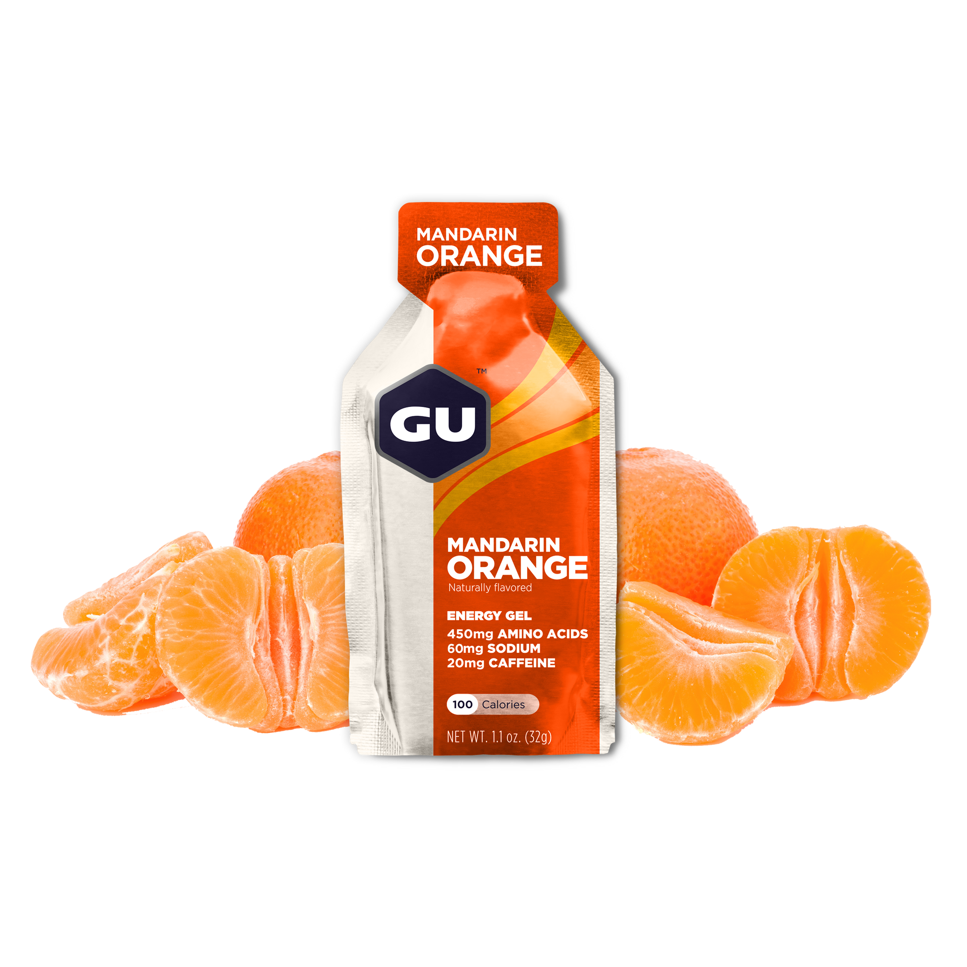 GU Energy Original Sports Nutrition Energy Gel in Mandarin Orange flavor, 8 count pack with vibrant packaging.