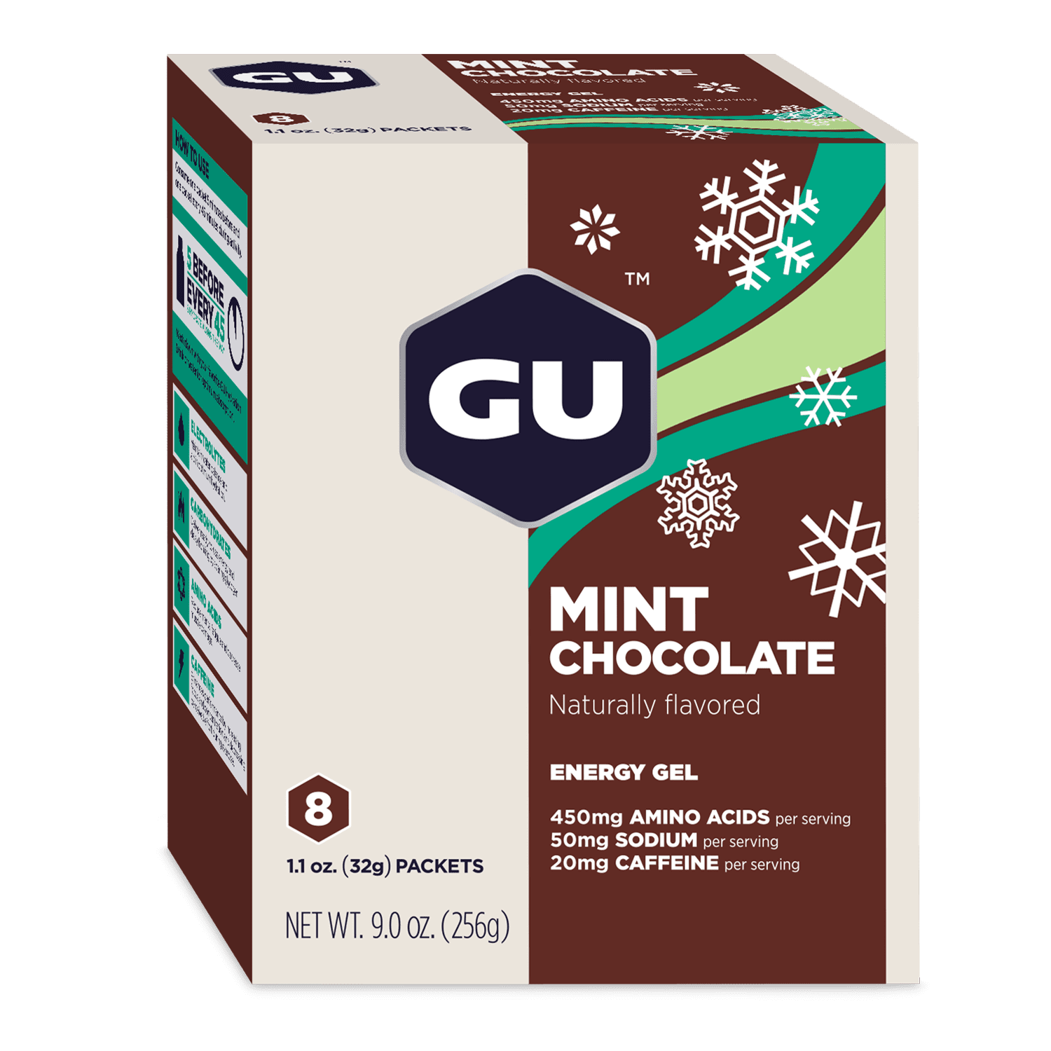 GU Energy Original Sports Nutrition Energy Gel in mint chocolate flavor, 8 count pack with vibrant packaging.