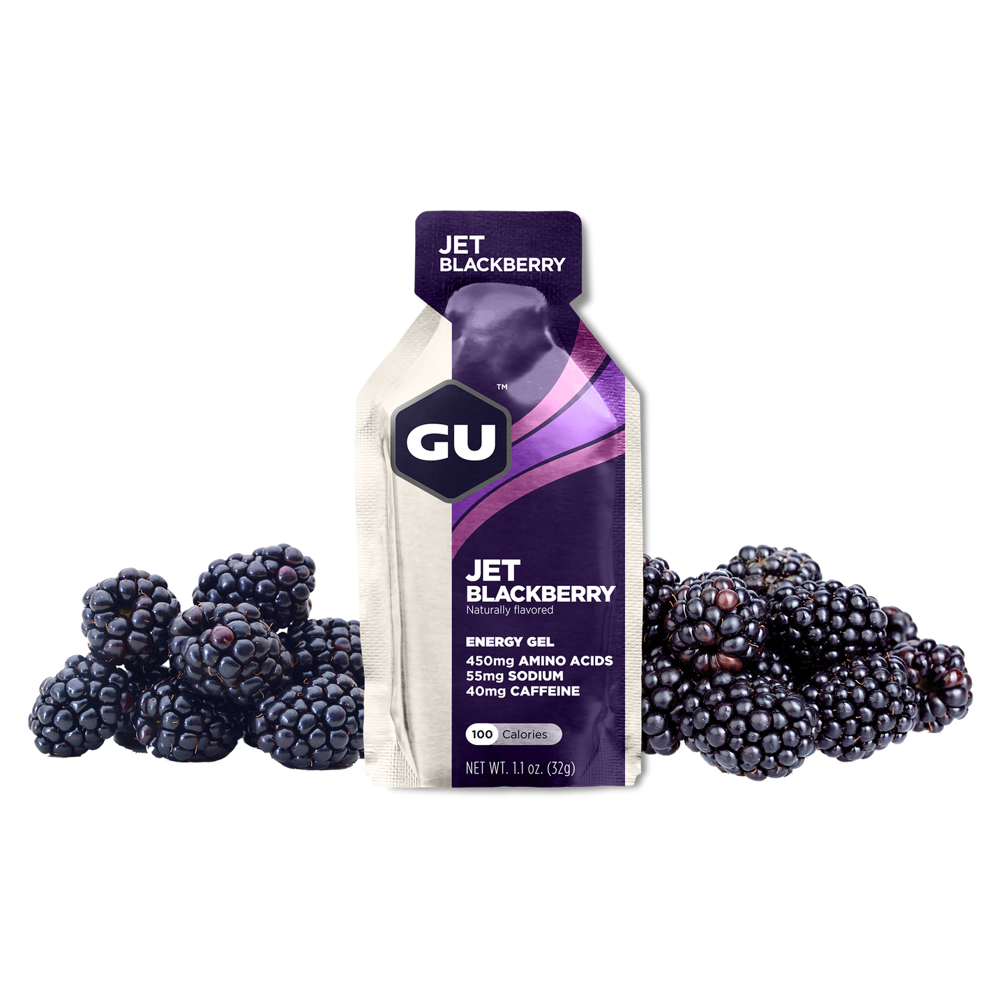 GU Energy Original Sports Nutrition Energy Gel in Jet Blackberry flavor, 8-count pack, featuring portable gel packets.