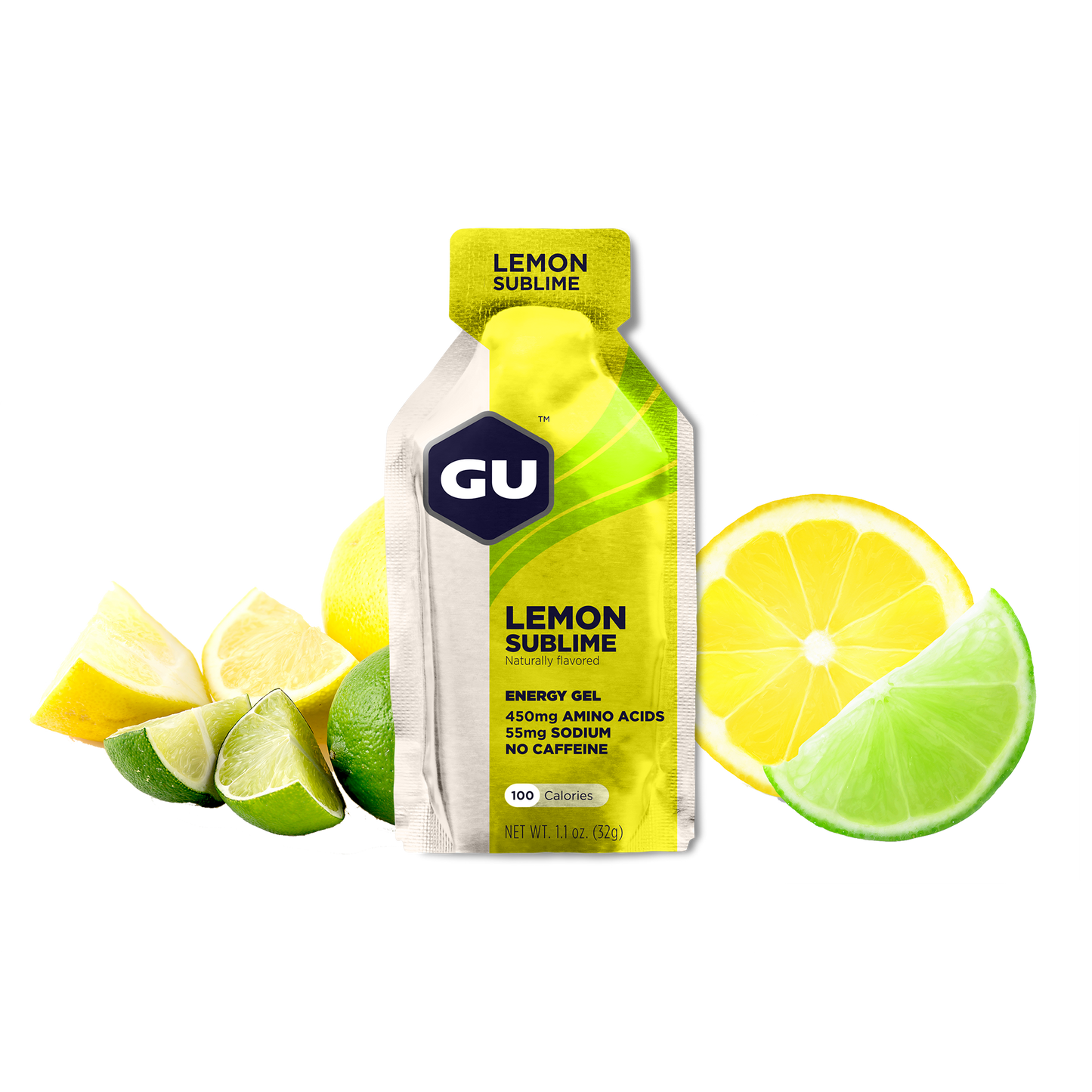 GU Energy Original Sports Nutrition Energy Gel in Lemon Sublime flavor, 8-count pack, with vibrant packaging design.