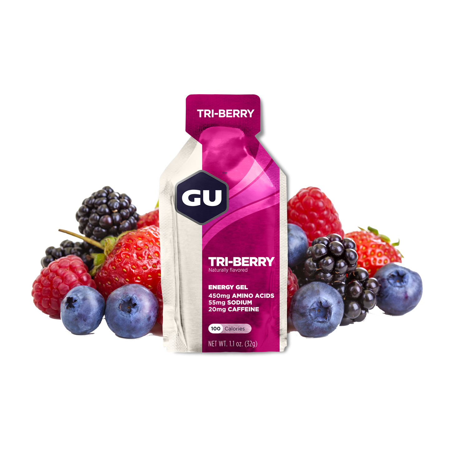 GU Energy Original Sports Nutrition Energy Gel in Tri-Berry flavor, 8 count pack with vibrant packaging.