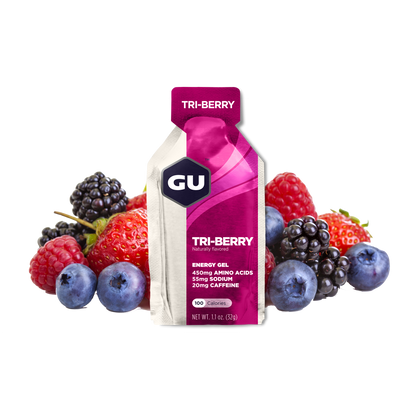 GU Energy Original Sports Nutrition Energy Gel in Tri-Berry flavor, 8 count pack with vibrant packaging.
