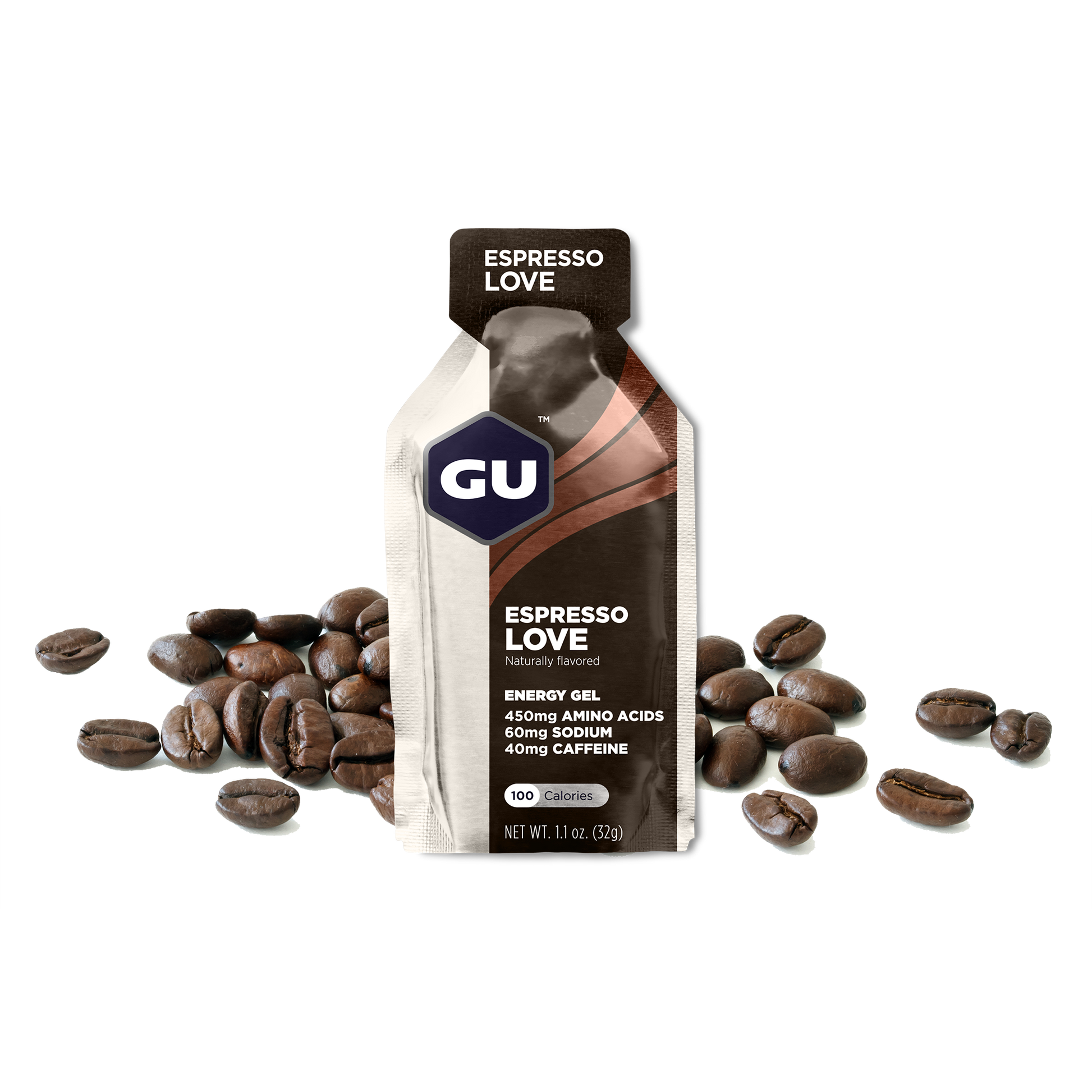 GU Energy Original Sports Nutrition Energy Gel pack with eight espresso love flavored gels in a vibrant packaging.