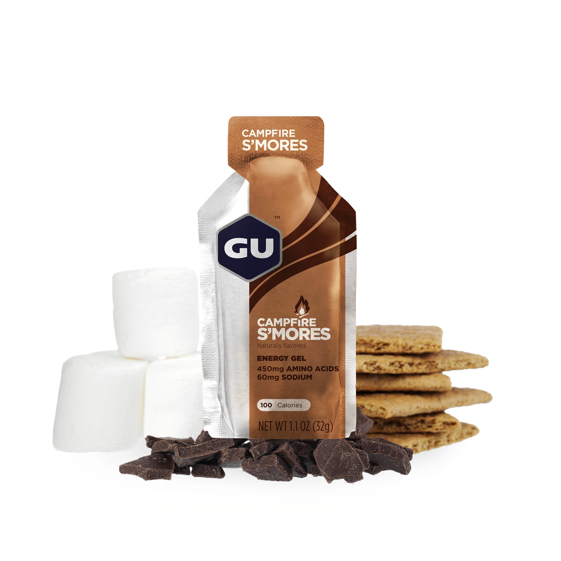 GU Energy Original Sports Nutrition Energy Gel pack featuring Campfire S'mores flavor and ingredients displayed on packaging.