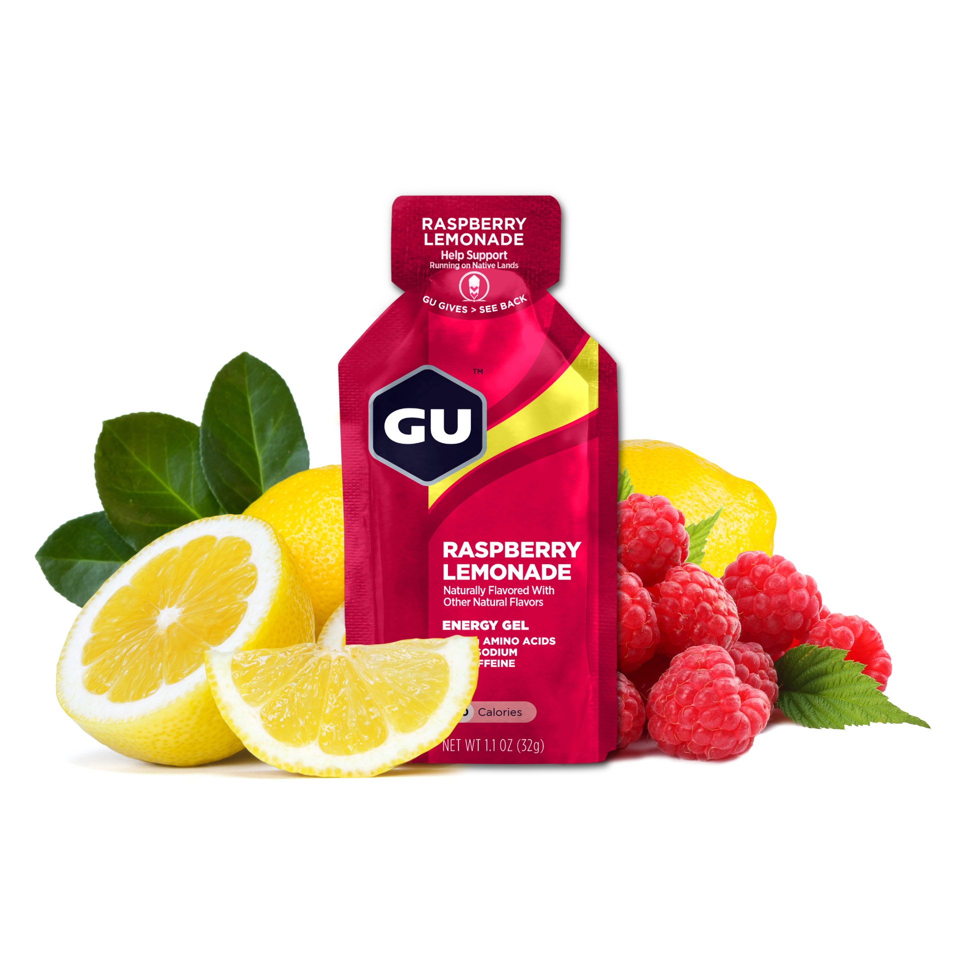 GU Energy Original Sports Nutrition Energy Gel pack with raspberry lemonade flavor and ingredient details.