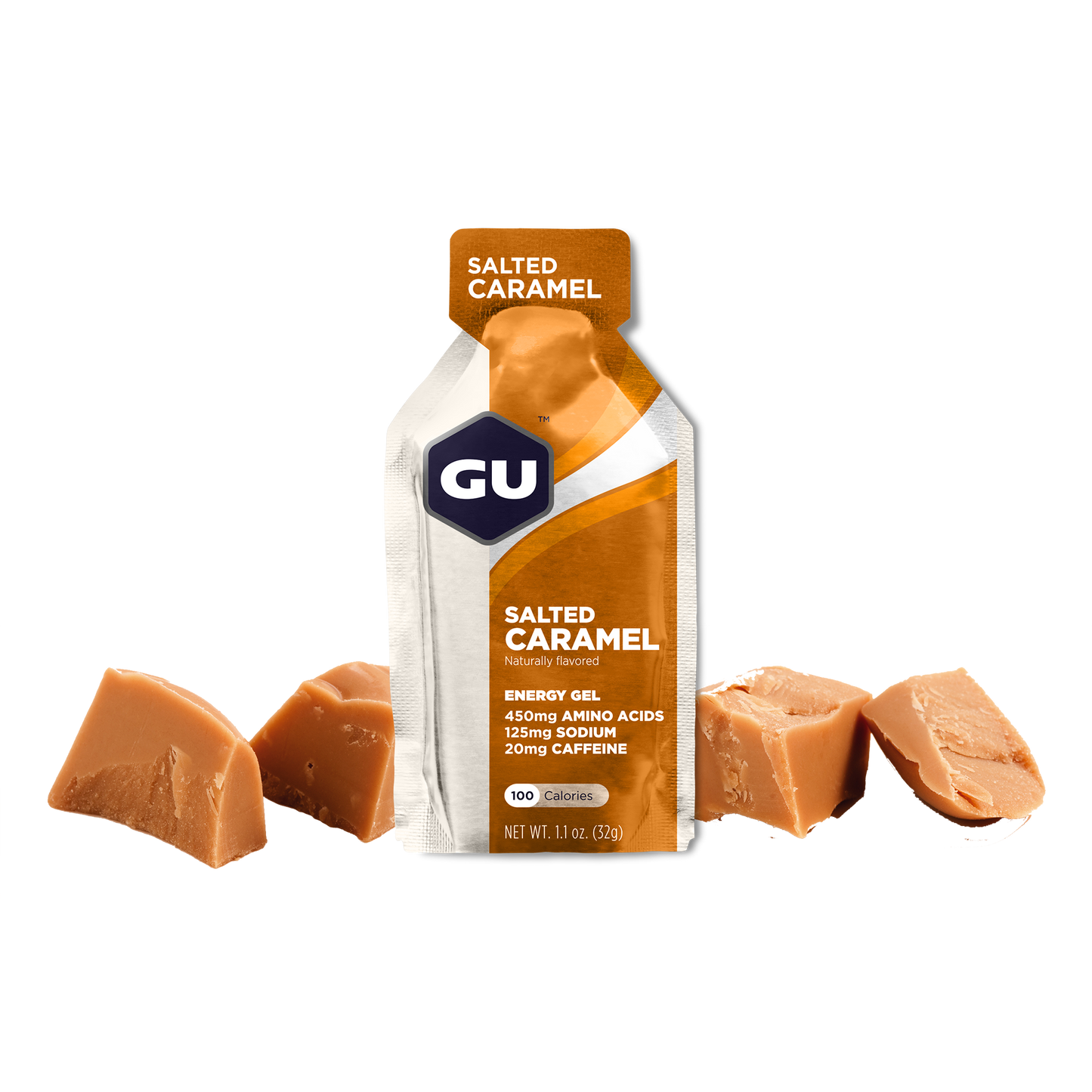 GU Energy Original Sports Nutrition Energy Gel in Salted Caramel flavor, 8 count pack, displayed with packaging.