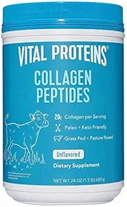 Vital Proteins Collagen Peptides Powder in a 24oz container, unflavored, promotes hair, skin, nails, bones, and joints.
