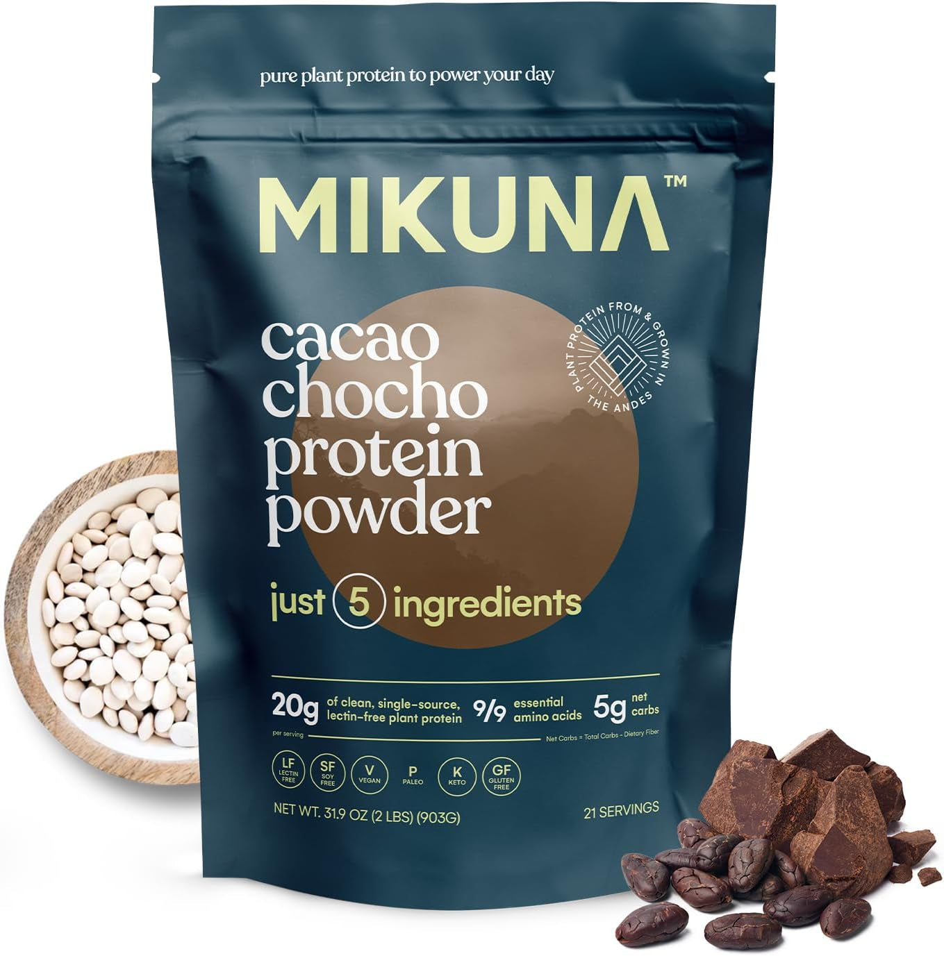 Vegan Protein Powder (Cacao, 21 Servings) - Plant Based Chocho Superfood Protein - Dairy Free Protein Powder Packed with Vitamins, Minerals & Fiber - Gluten, Keto & Lectin-Free